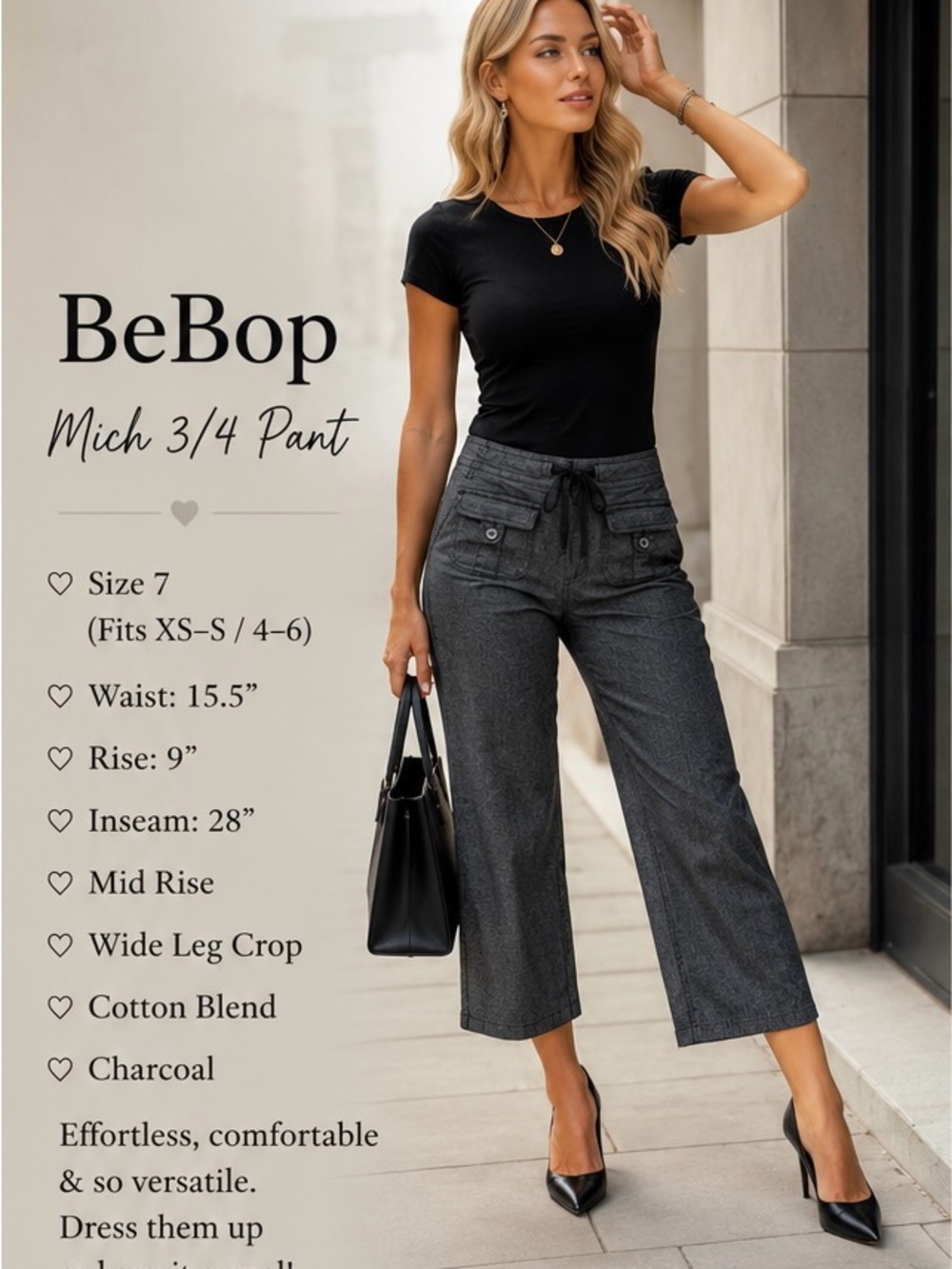 BeBop Charcoal Office Chic Drawstring Mid-Rise Wide Leg Crop Pants XS/S (4-6)